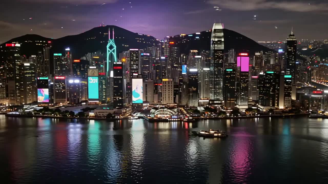 Hong Kong skyline night aerial
